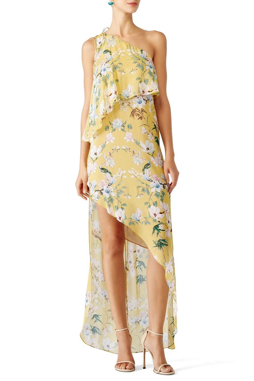 Slate & Willow Floral One Shoulder Hi Low Popover Bodice Maxi Dress 4 Yellow